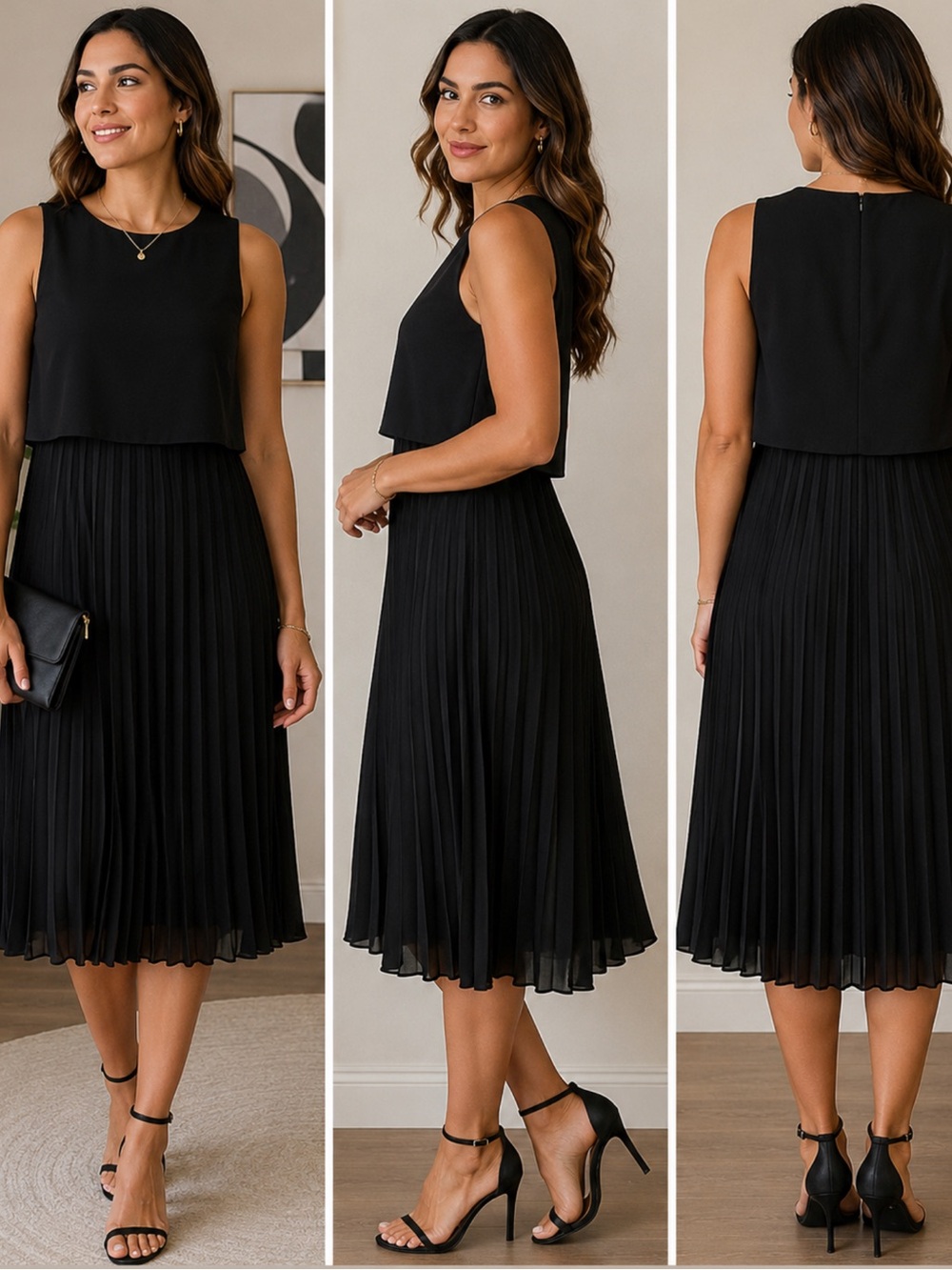 H&M Women’s Black Sleeveless Pleated Midi Dress Size 8
